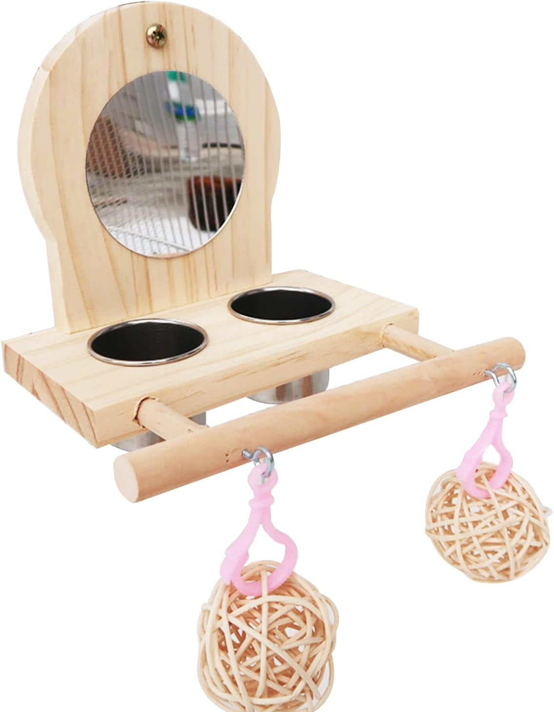 Bird Mirror for Cage, With2 Pcs Stainless Steel Bird Feeding & Watering Cup, Bird Perch and Bird Training Toys Small Rattan Balls for Budgies, Parakeets, Lovebirds and Finch Canaries Cage