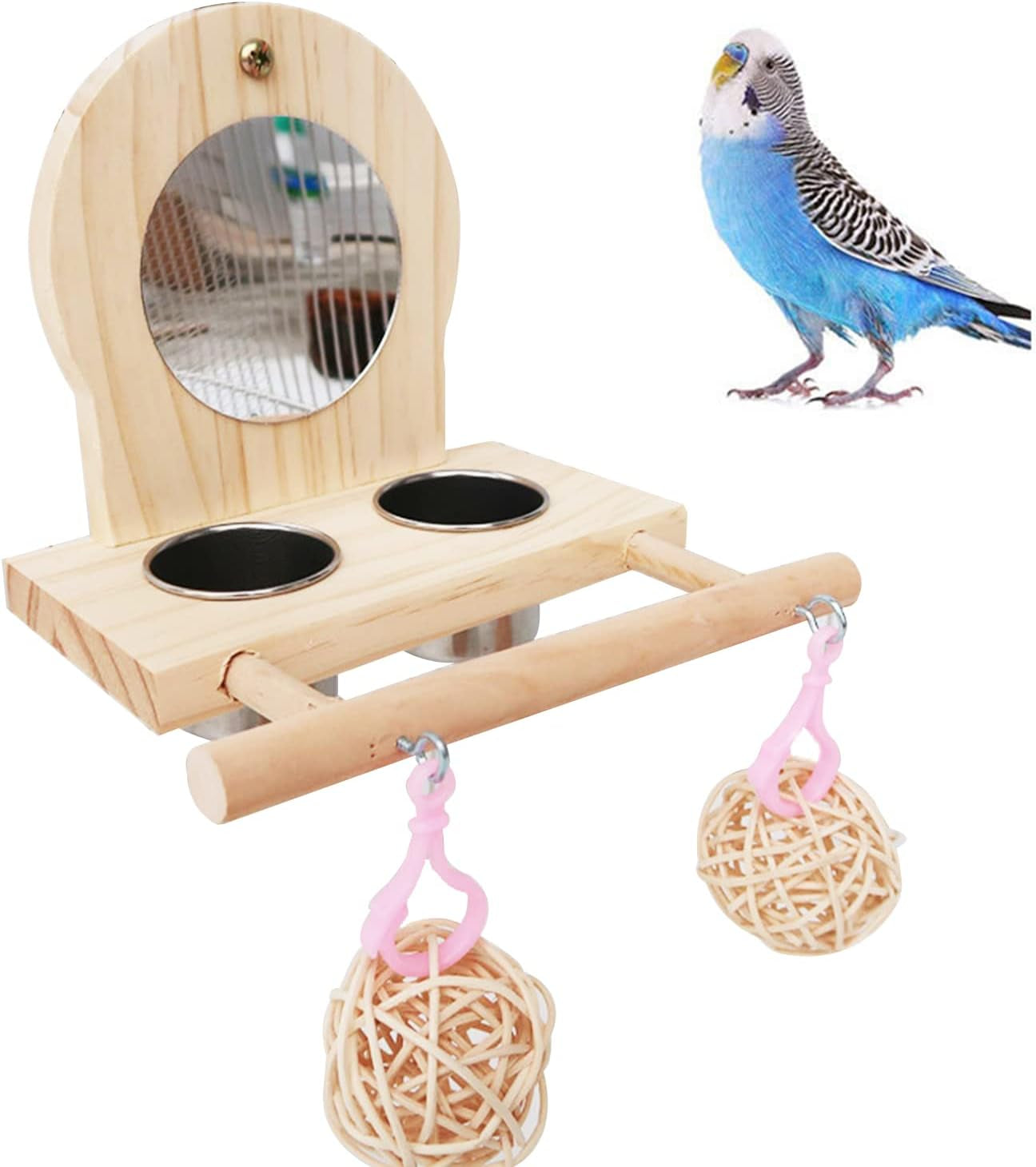 Bird Mirror for Cage, With2 Pcs Stainless Steel Bird Feeding & Watering Cup, Bird Perch and Bird Training Toys Small Rattan Balls for Budgies, Parakeets, Lovebirds and Finch Canaries Cage