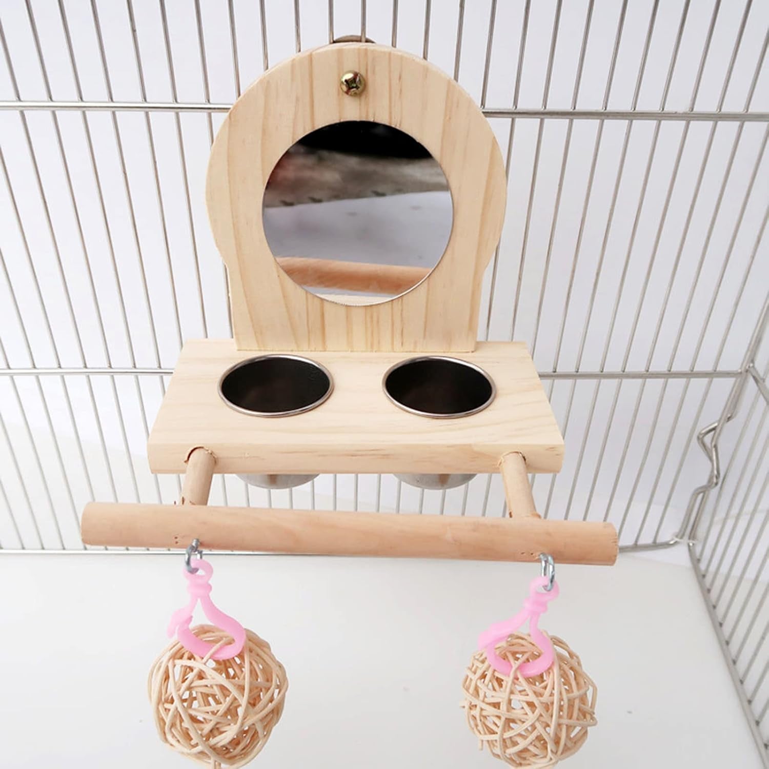 Bird Mirror for Cage, With2 Pcs Stainless Steel Bird Feeding & Watering Cup, Bird Perch and Bird Training Toys Small Rattan Balls for Budgies, Parakeets, Lovebirds and Finch Canaries Cage