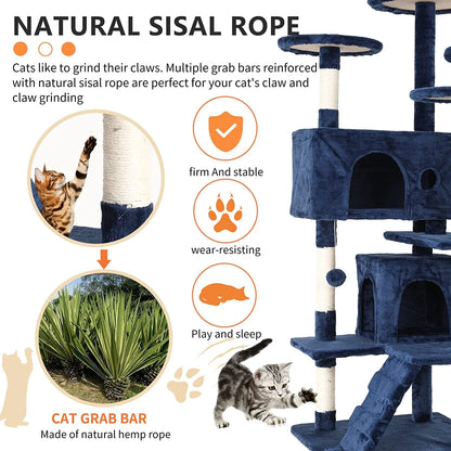 54-Inch Cat Tree Tower, Standing House Cat Condo with Scratch Stay and Fun Toys, Navy Blue