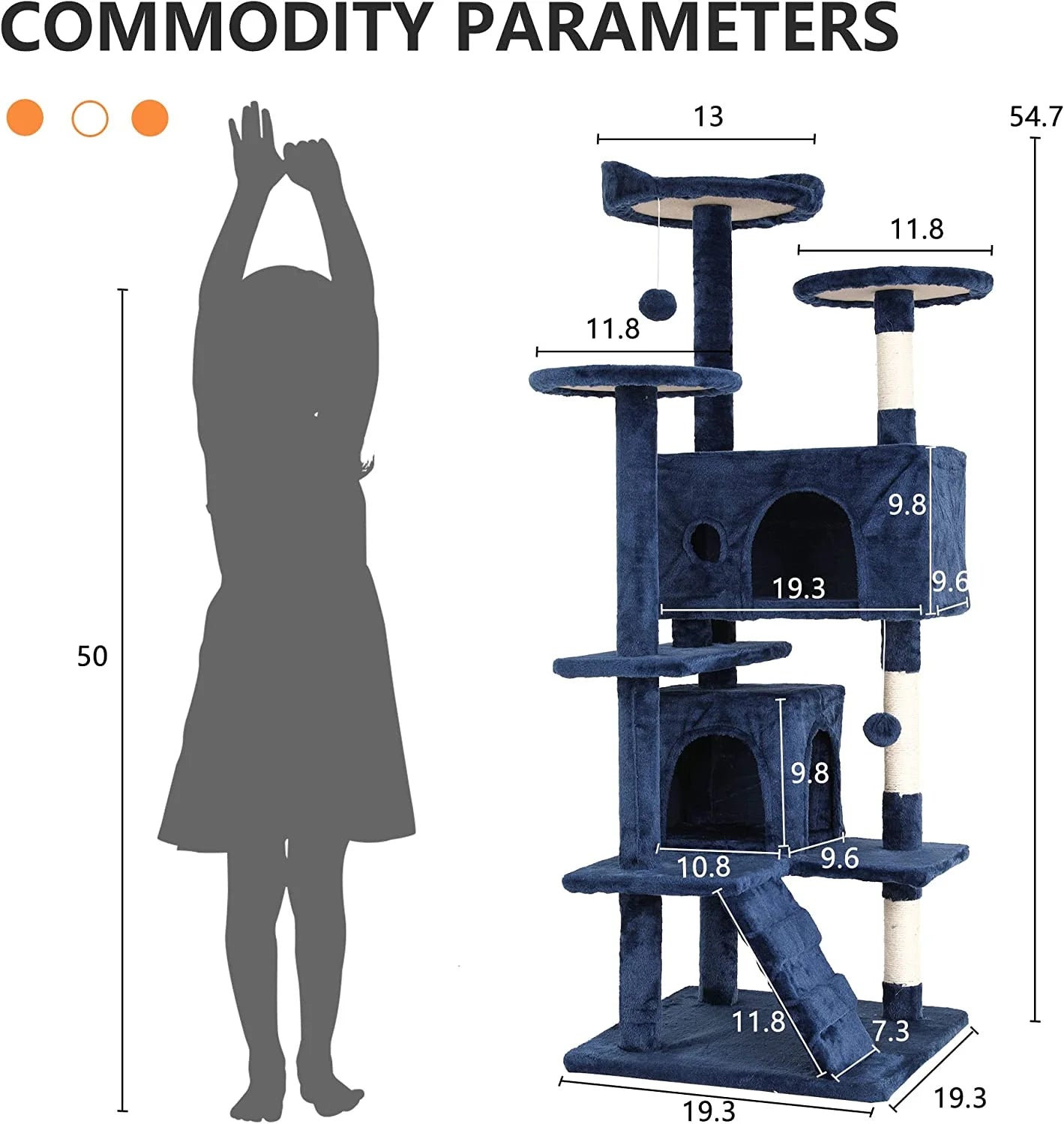 54-Inch Cat Tree Tower, Standing House Cat Condo with Scratch Stay and Fun Toys, Navy Blue