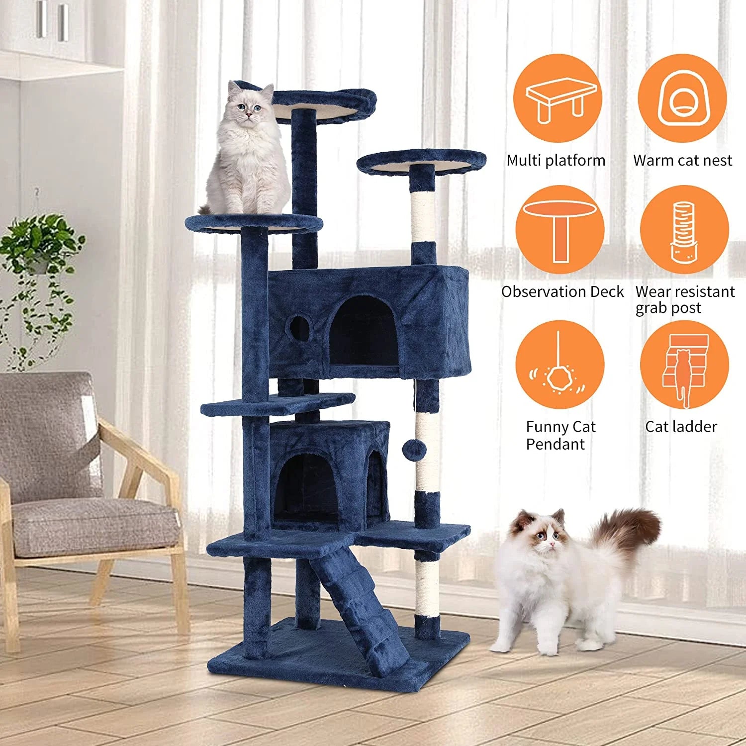 54-Inch Cat Tree Tower, Standing House Cat Condo with Scratch Stay and Fun Toys, Navy Blue