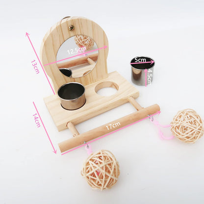 Bird Mirror for Cage, With2 Pcs Stainless Steel Bird Feeding & Watering Cup, Bird Perch and Bird Training Toys Small Rattan Balls for Budgies, Parakeets, Lovebirds and Finch Canaries Cage