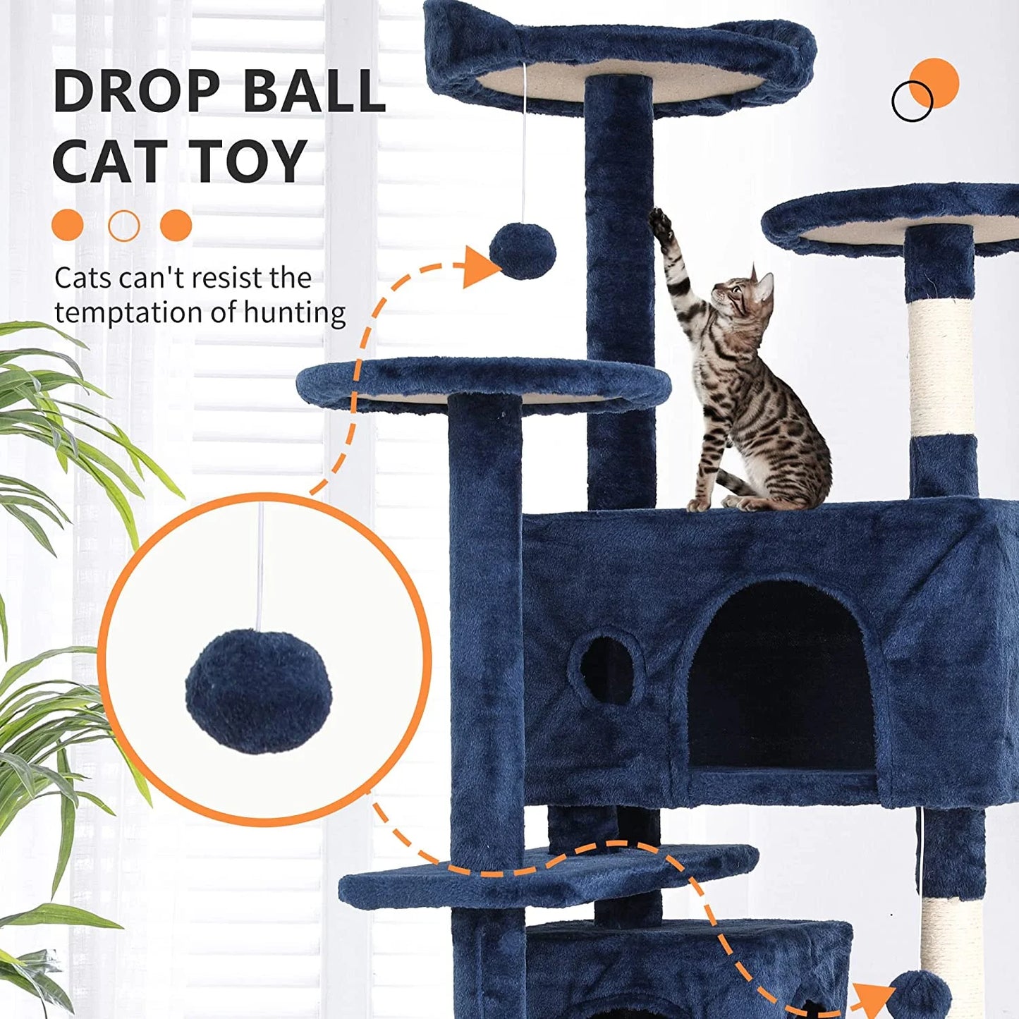54-Inch Cat Tree Tower, Standing House Cat Condo with Scratch Stay and Fun Toys, Navy Blue